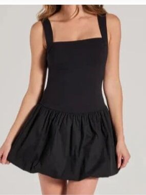Camila Coelho Black Square-Neck Shirred Mini Bubble Dress